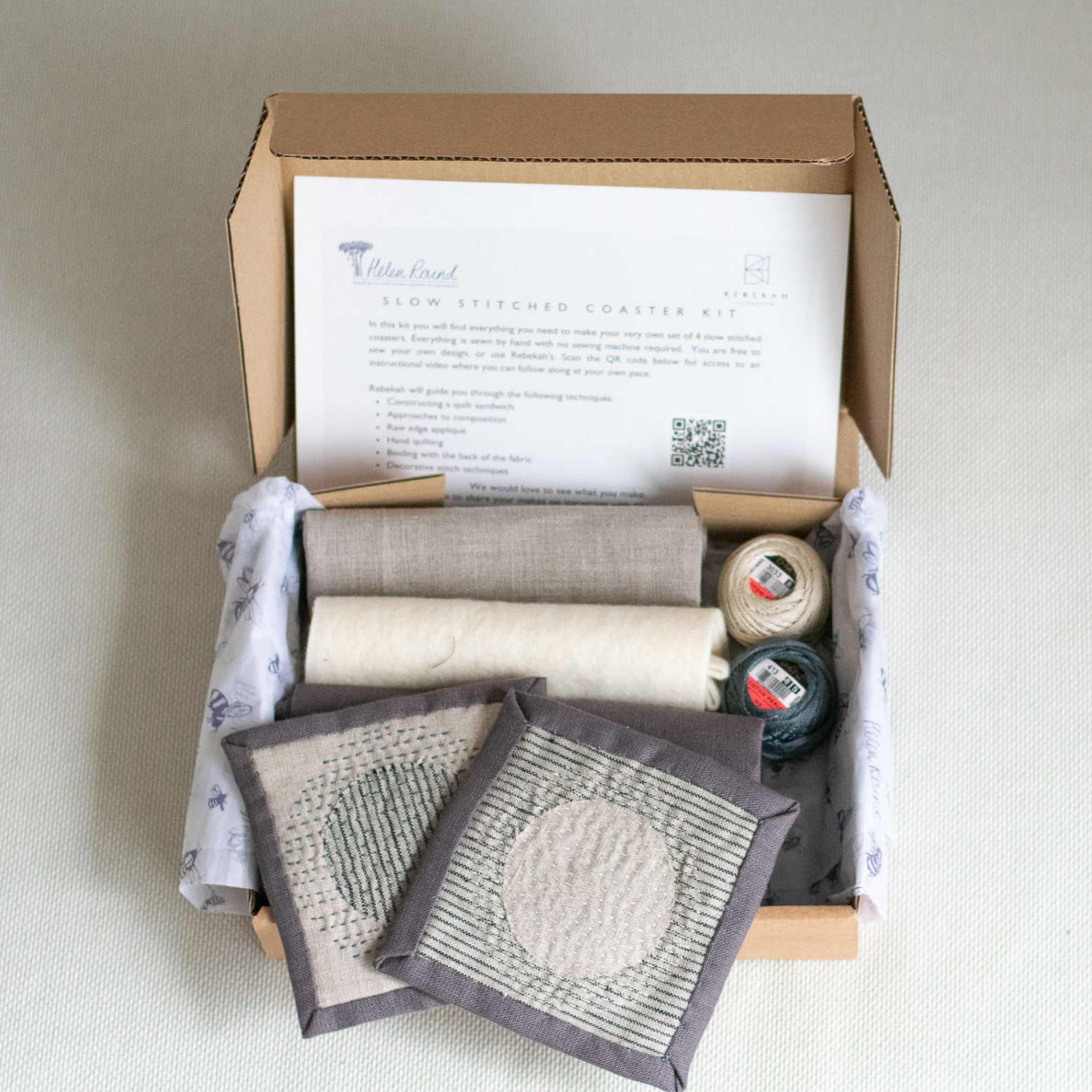 Slow Stitched Linen Coasters Kit, Sewing Project, Craft Kit
