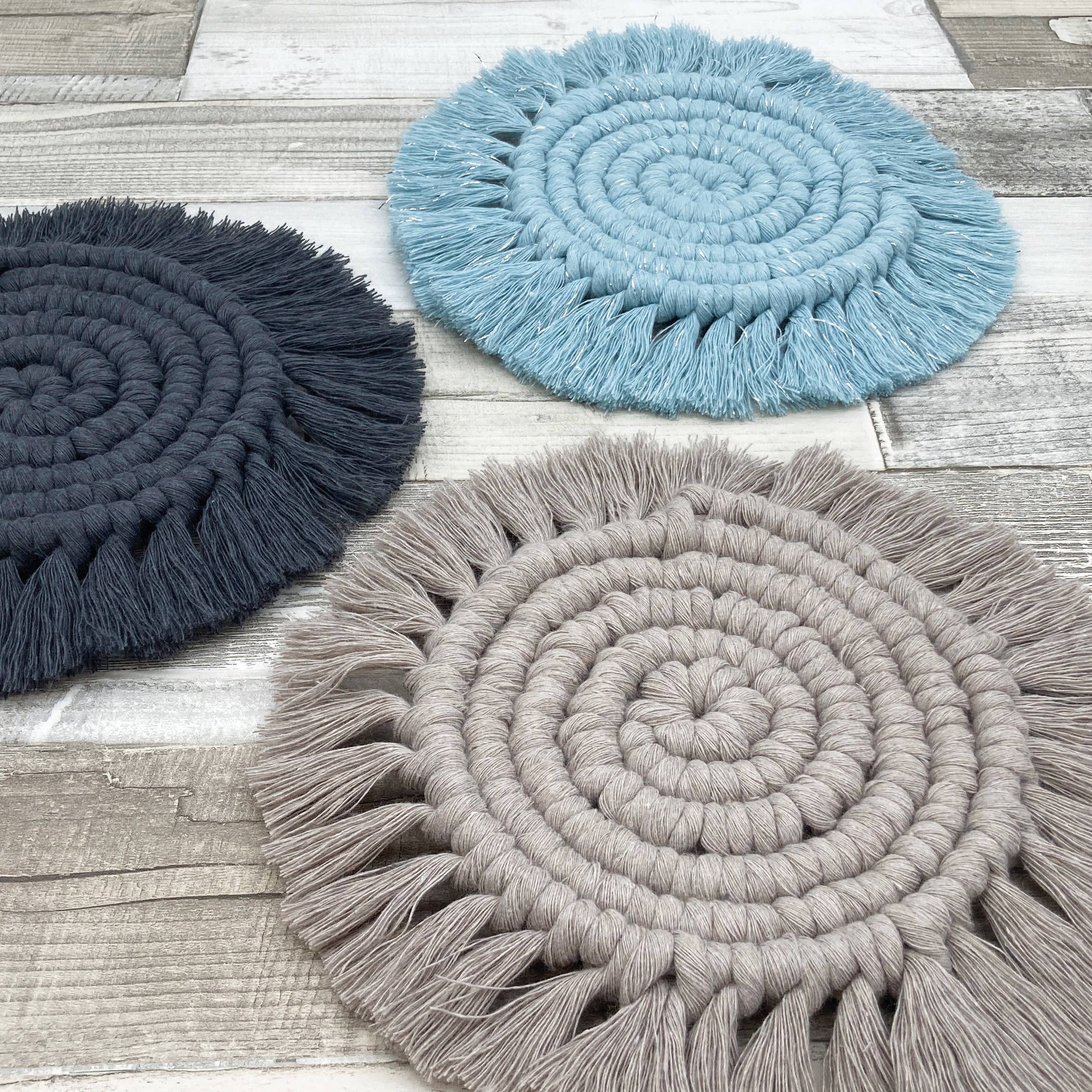 Macrame Coaster Kit in Mist Blue, Pearl and Charcoal