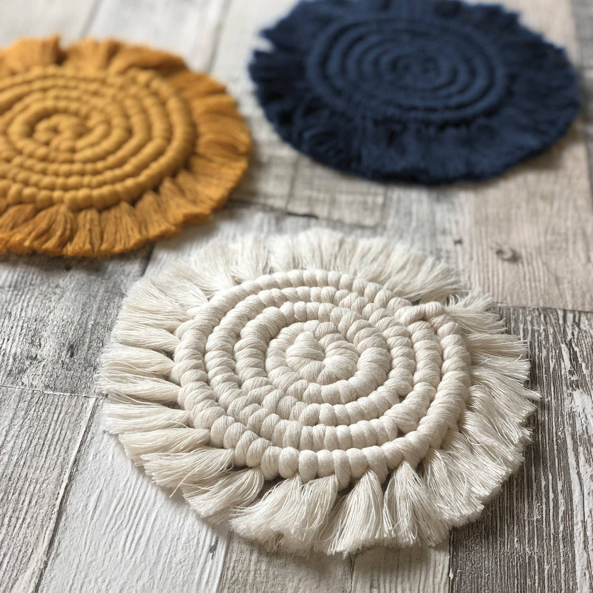 Macrame Coaster Kit in Yellow, Navy and White