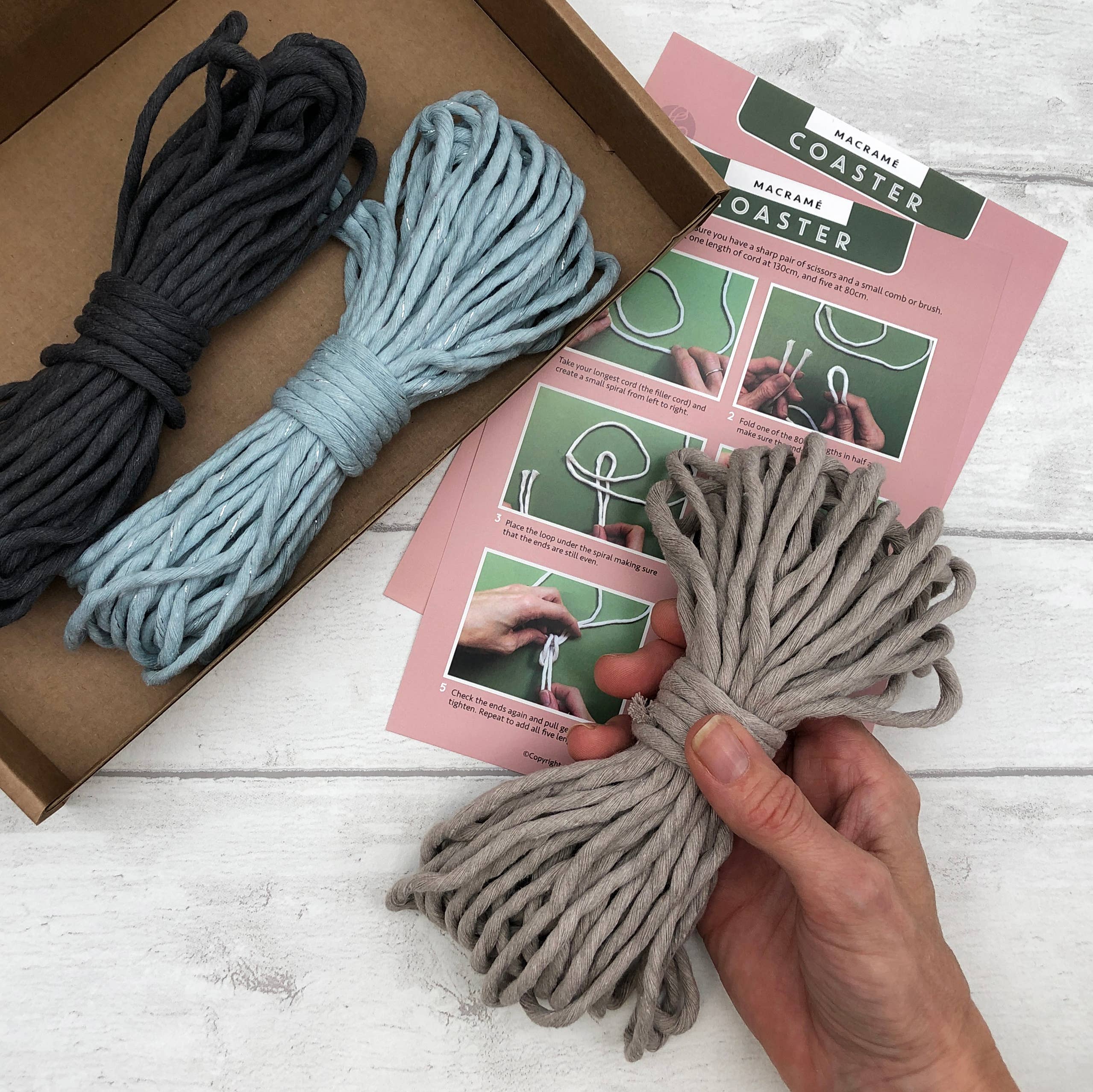 Macrame Coaster Kit in Mist Blue, Pearl and Charcoal