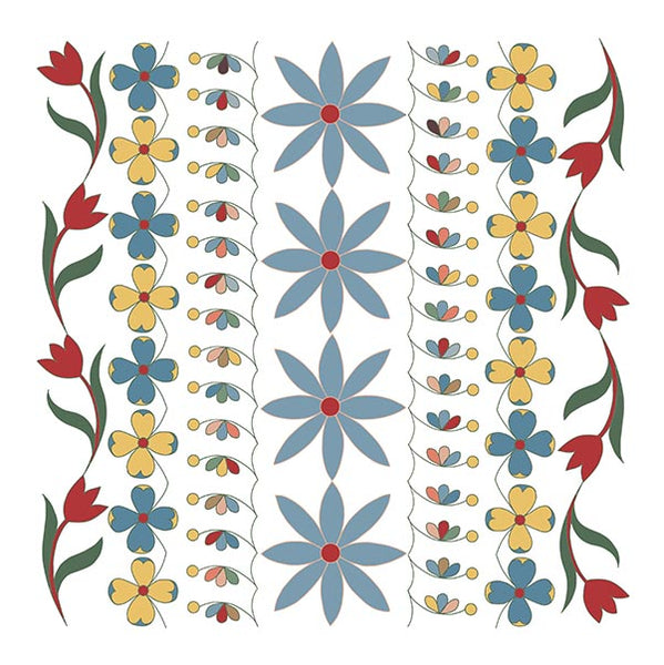 design artwork of various flowers  in red yellow red and geeen
