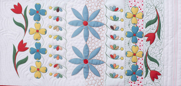 detail of free motion quilting comparing white and coloured thread on printed floral fabric
