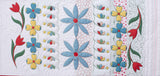 detail of free motion quilting comparing white and coloured thread on printed floral fabric