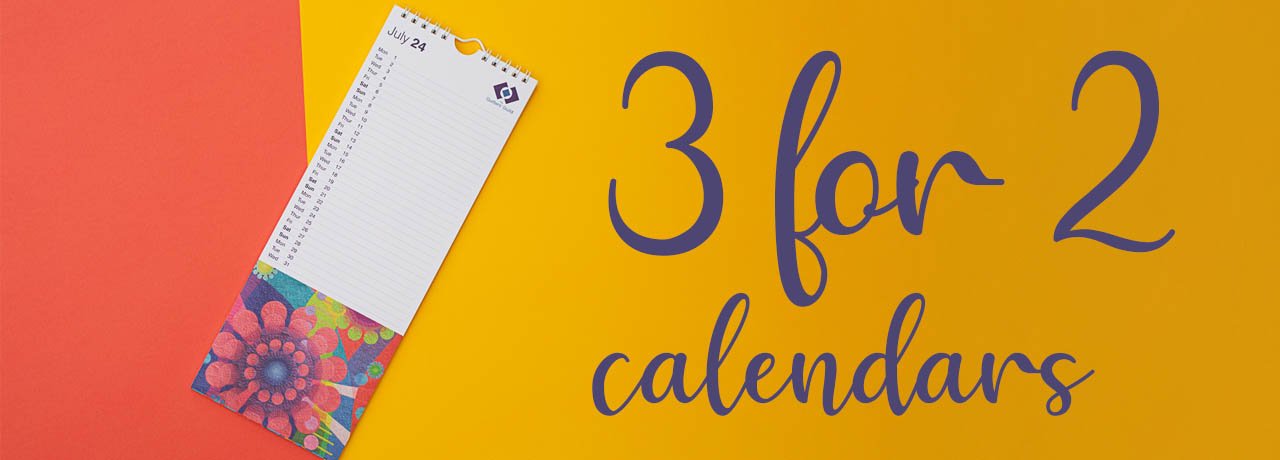 A slim line calendar with a quilt image on a a yellow and coral coloured background. Text on the image reads 3 for 2 calendars